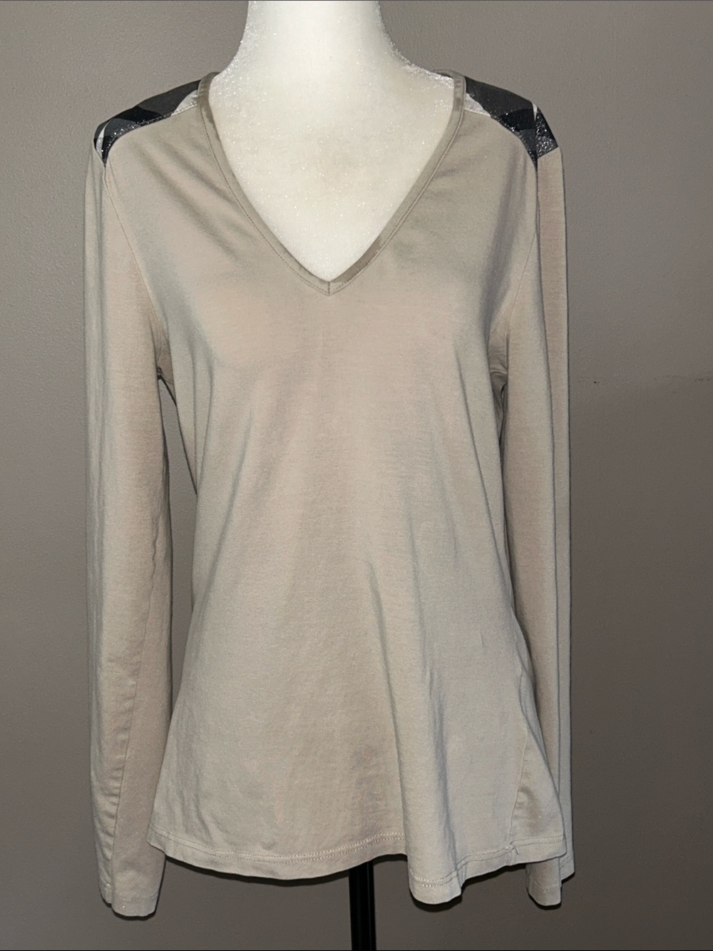 Burberry Beige V-Neck Long Sleeve Top with Black Shoulder Detail size Large